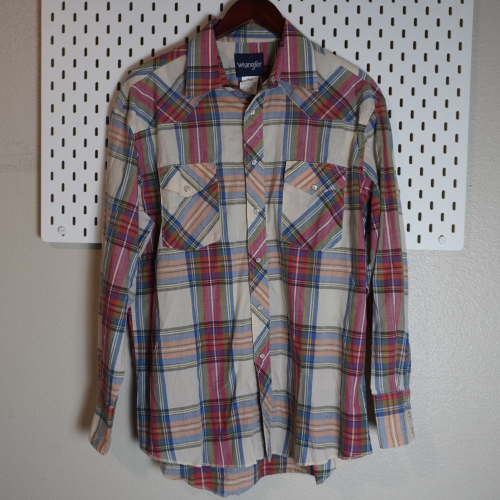 Wrangler Western Shirt Mens‎ 16-34 Plaid Pearl Snap Cowboy Rodeo Long Sleeve
